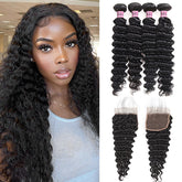 Brazilian Deep Wave Human Hair 4 Bundles With 4*4 Lace Closure 10A Virgin Human Hair Weave